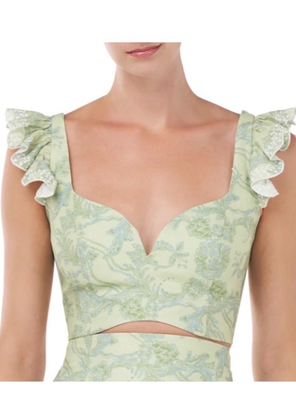AMUR Rafaela Ruffled Linen Bustier Cropped Top Large Sage Green